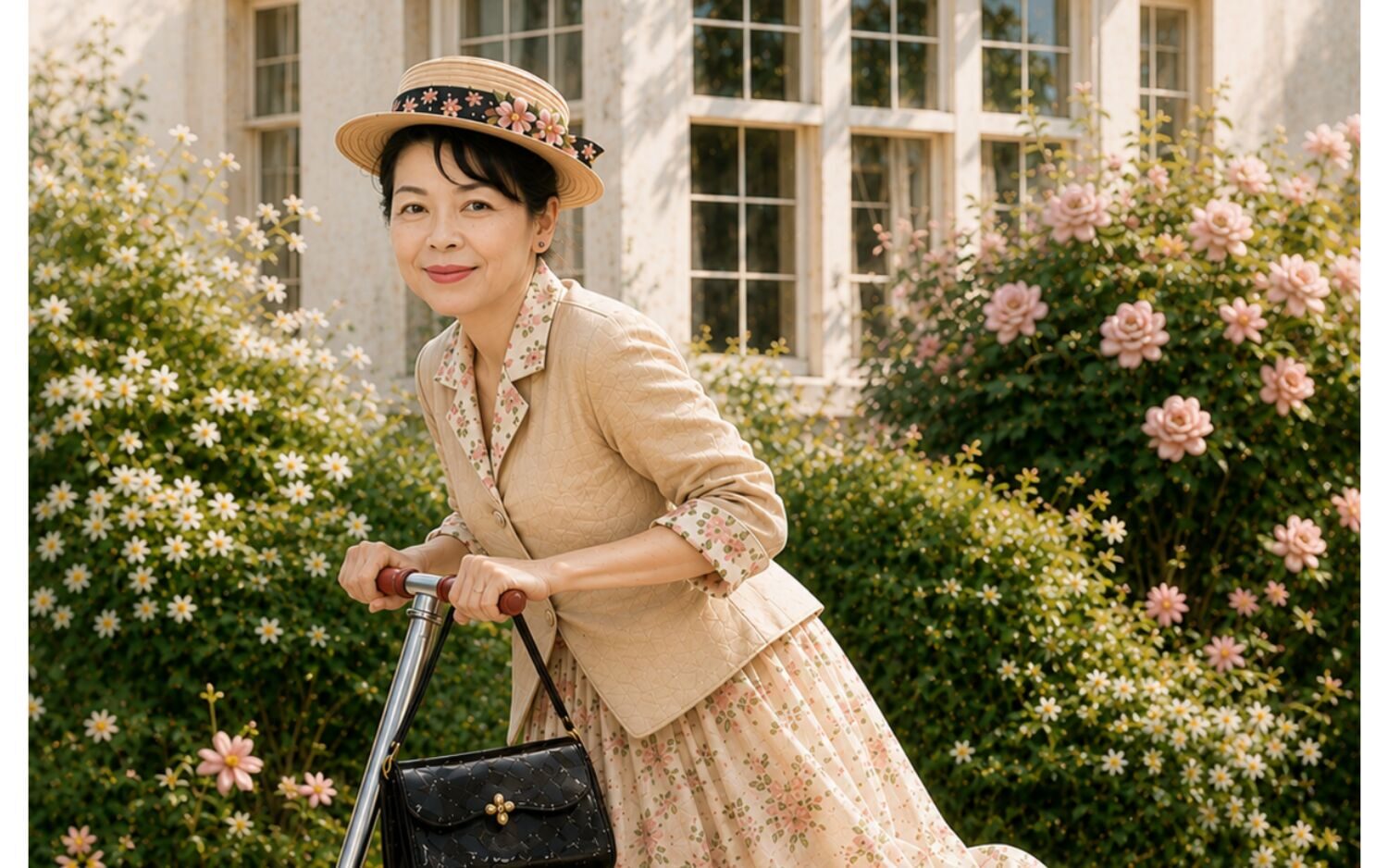 花いっぱいの庭で、麦わら帽子をかぶった女性が笑顔でキックスクーターに乗っている様子